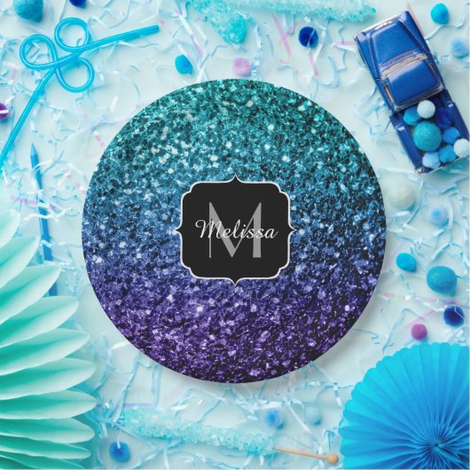 Aqua blue Ombre Imitats Glitzer Glitzern Monogram Pappteller (Party)