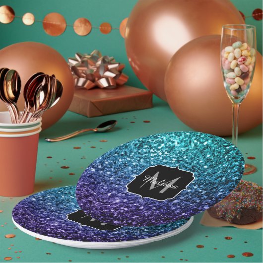 Aqua blue Ombre Imitats Glitzer Glitzern Monogram Pappteller (Multi)