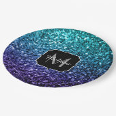 Aqua blue Ombre Imitats Glitzer Glitzern Monogram Pappteller (Schrägansicht)