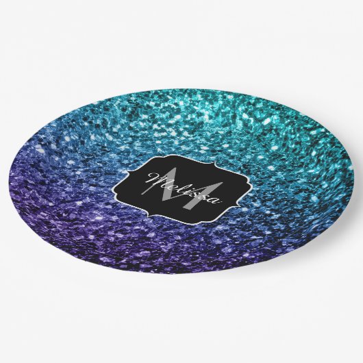 Aqua blue Ombre Imitats Glitzer Glitzern Monogram Pappteller (Schrägansicht)