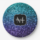 Aqua blue Ombre Imitats Glitzer Glitzern Monogram Pappteller (Vorderseite)