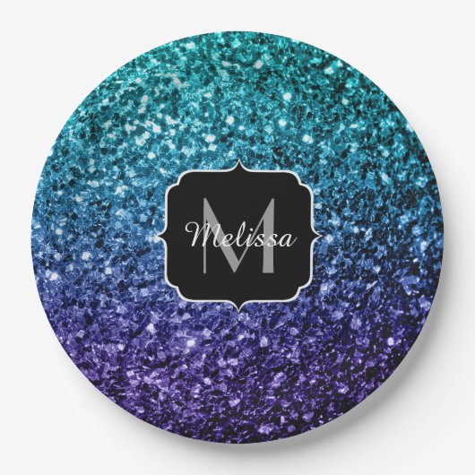 Aqua blue Ombre Imitats Glitzer Glitzern Monogram Pappteller (Vorderseite)