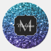 Aqua blue Ombre Imitats Glitzer Glitzern Monogram Runder Aufkleber (Vorderseite)