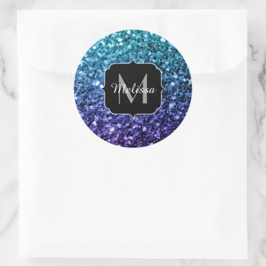 Aqua blue Ombre Imitats Glitzer Glitzern Monogram Runder Aufkleber (Tasche)