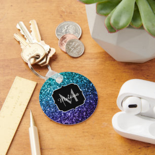 Aqua blue Ombre Imitats Glitzer Glitzern Monogram Schlüsselanhänger