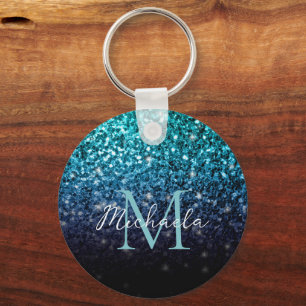 Aqua blue Ombre Imitats Glitzer Glitzern Monogram Schlüsselanhänger