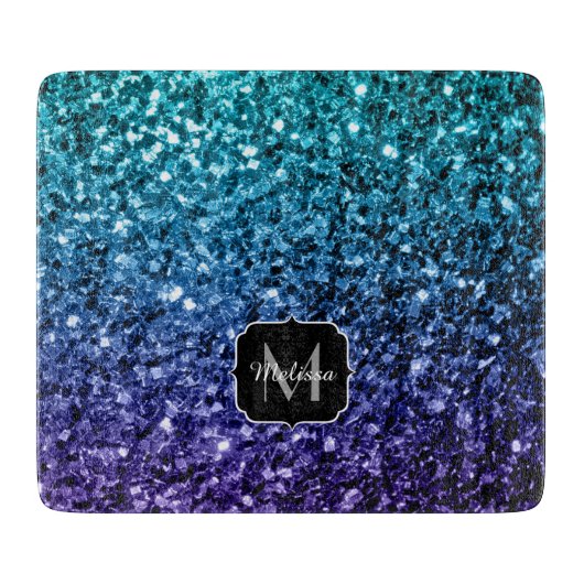Aqua blue Ombre Imitats Glitzer Glitzern Monogram Schneidebrett (Vorderseite)