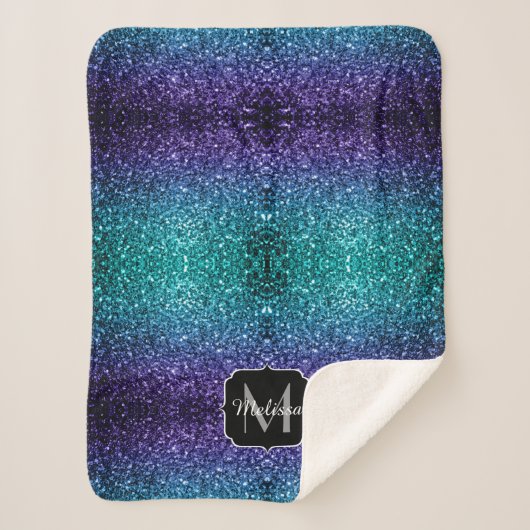 Aqua blue Ombre Imitats Glitzer Glitzern Monogram Sherpadecke (Vorderseite)