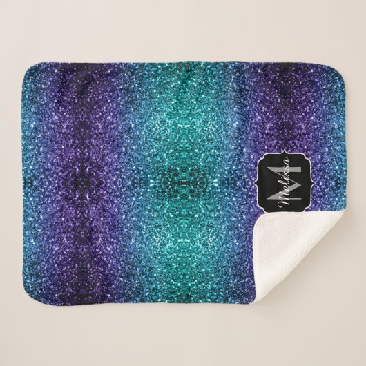 Aqua blue Ombre Imitats Glitzer Glitzern Monogram Sherpadecke (Vorderseite (Horizontal))