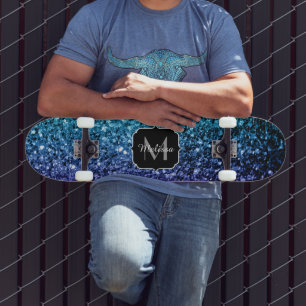 Aqua blue Ombre Imitats Glitzer Glitzern Monogram Skateboard