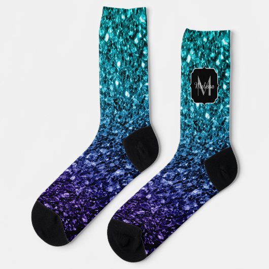 Aqua blue Ombre Imitats Glitzer Glitzern Monogram Socken (Linkes Detail)