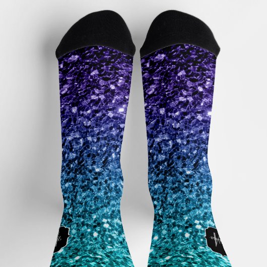Aqua blue Ombre Imitats Glitzer Glitzern Monogram Socken (Oben)