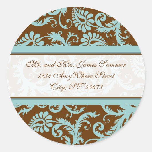 Aqua Blue on Brown Damask Adresse Hochzeitsticker Runder Aufkleber (Vorderseite)