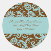 Aqua Blue on Brown Damask Adresse Hochzeitsticker Runder Aufkleber (Vorderseite)
