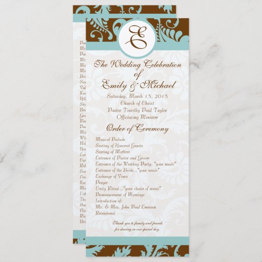 Aqua Blue on Brown Damask Swirl Einladung Hochzeit (Vorne/Hinten)