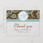 Aqua Blue on Brown Damask Wedding Danke Cards (Vorne/Hinten)