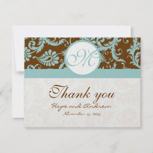 Aqua Blue on Brown Damask Wedding Danke Cards
