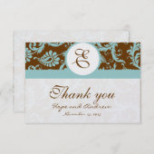 Aqua Blue on Brown Damask Wedding Danke Cards (Vorne/Hinten)