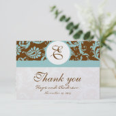 Aqua Blue on Brown Damask Wedding Danke Cards (Stehend Vorderseite)