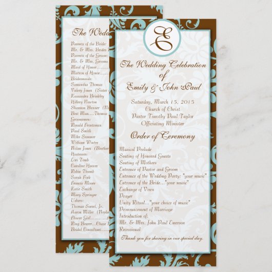 Aqua Blue on Brown Damask Wedding Program Programm (Vorne/Hinten)