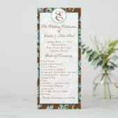 Aqua Blue on Brown Damask Wedding Program Programm (Stehend Vorderseite)