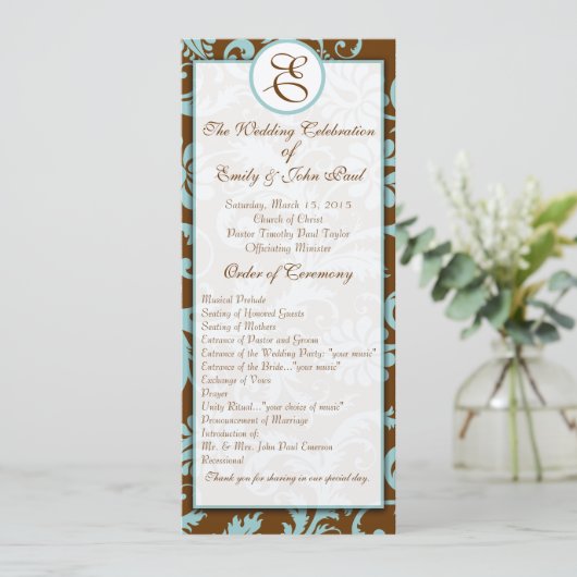Aqua Blue on Brown Damask Wedding Program Programm (Stehend Vorderseite)