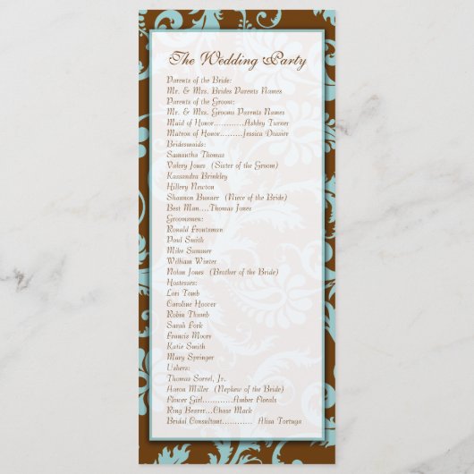 Aqua Blue on Brown Damask Wedding Program Programm (Rückseite)