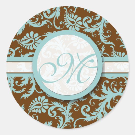 Aqua Blue on Brown Damask Wedding Stickers (Vorderseite)