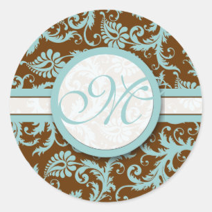 Aqua Blue on Brown Damask Wedding Stickers