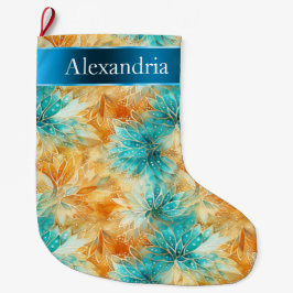 Aqua Blue Orange Floral Weihnachtsname Großer Weihnachtsstrumpf