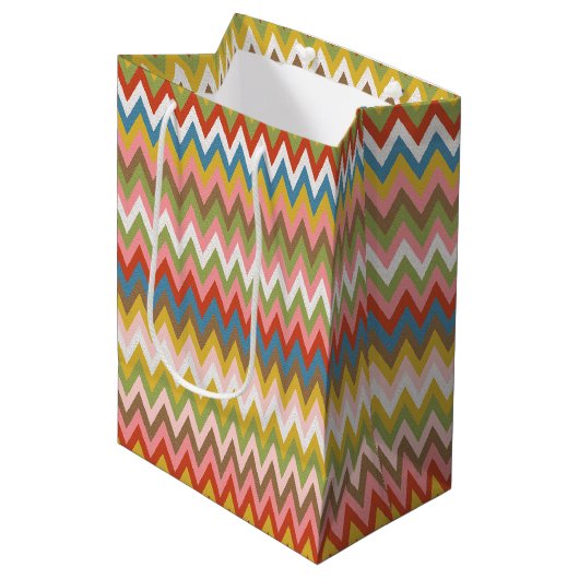 Aqua Blue Orange Pink Red Lime Green Zigzag Kunst, Mittlere Geschenktüte (Vorderseite Schrägansicht)