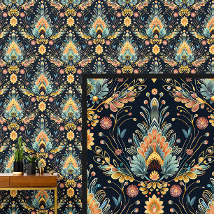 Aqua Blue Orange Yellow Gold Jugendstil Tapete