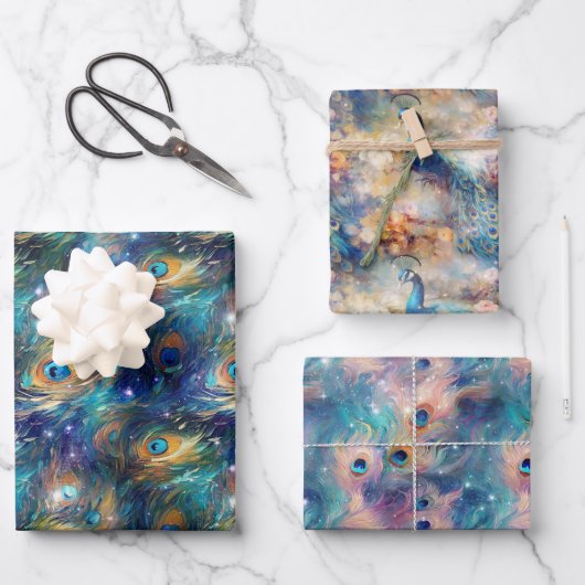 Aqua Blue Painted Peacock Feathers Geschenkpapier Set (Vorderseite)