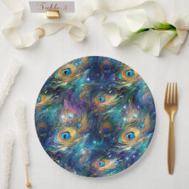 Aqua Blue Painted Peacock Feathers Pappteller