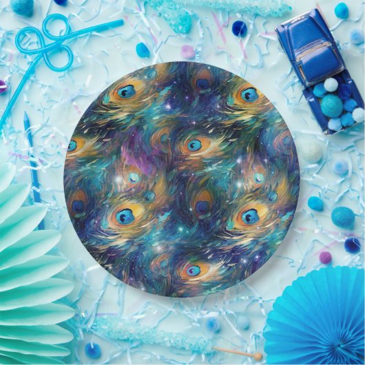 Aqua Blue Painted Peacock Feathers Pappteller (Party)