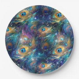 Aqua Blue Painted Peacock Feathers Pappteller