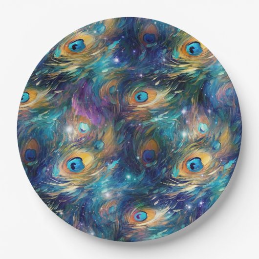 Aqua Blue Painted Peacock Feathers Pappteller (Vorderseite)