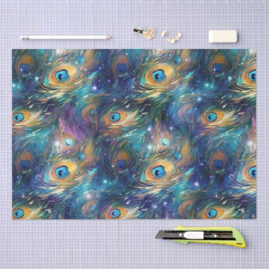 Aqua Blue Painted Peacock Feathers Seidenpapier (Handwerk)