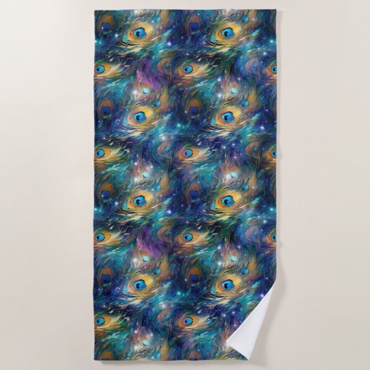 Aqua Blue Painted Peacock Feathers Strandtuch (Vorderseite)