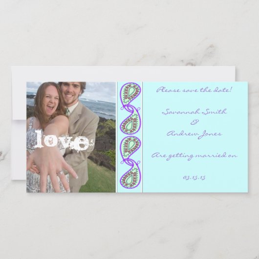 Aqua Blue Paisley Save the Date mit Ihrem Foto (Vorderseite)