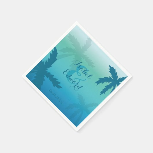 Aqua Blue Palm Bäume mit Namen und Datum Hochzeit Serviette (Ecke)