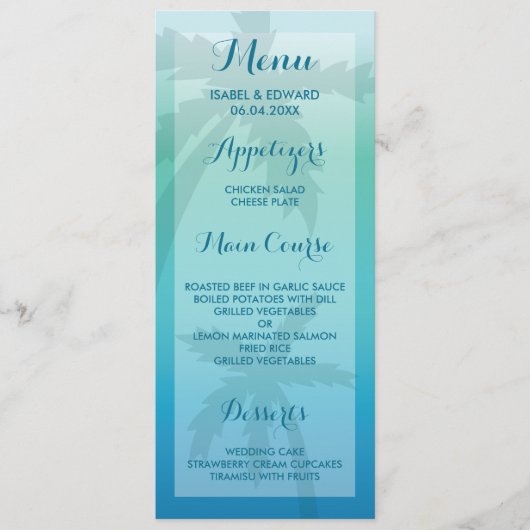 Aqua Blue Palm Tree Tropical Wedding Menu Menükarte (Vorderseite)