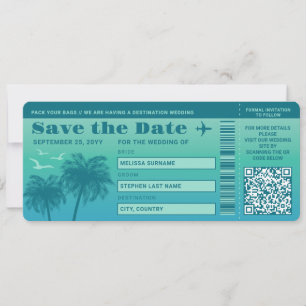 Aqua Blue Palms Faux Boarding Pass Save The Date Einladung