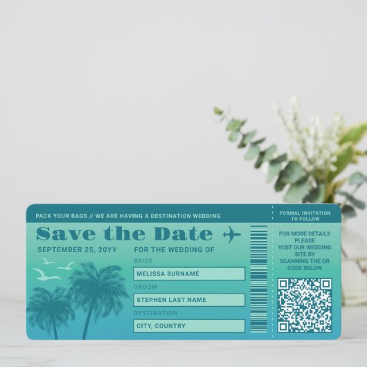 Aqua Blue Palms Imitats Boarding Save the Date Pas Einladung (Stehend Vorderseite)