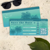 Aqua Blue Palms Imitats Boarding Save the Date Pas Einladung