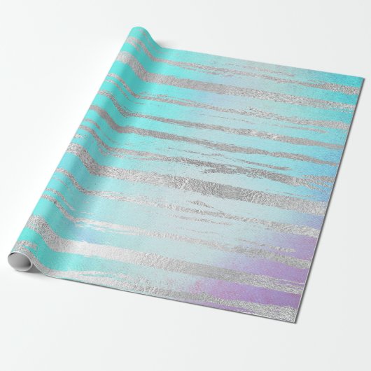 Aqua Blue Pastell Silver Strokes Wasserfarbe Geschenkpapier (Ungerollt)