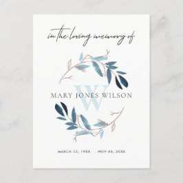 AQUA BLUE PINK FOLIAGE WREATH MEMORIAL DANKE EINLADUNGSPOSTKARTE