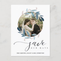 AQUA BLUE PINK FOLIAGE WREATH SAVE THE DATE FOTO