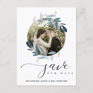 AQUA BLUE PINK FOLIAGE WREATH SAVE THE DATE FOTO ANKÜNDIGUNGSPOSTKARTE
