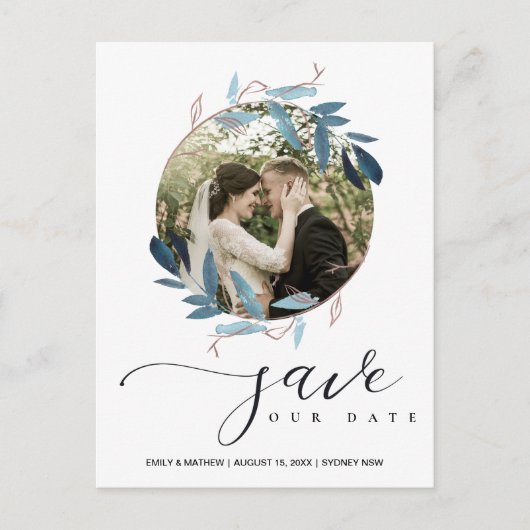 AQUA BLUE PINK FOLIAGE WREATH SAVE THE DATE FOTO ANKÜNDIGUNGSPOSTKARTE (Vorderseite)